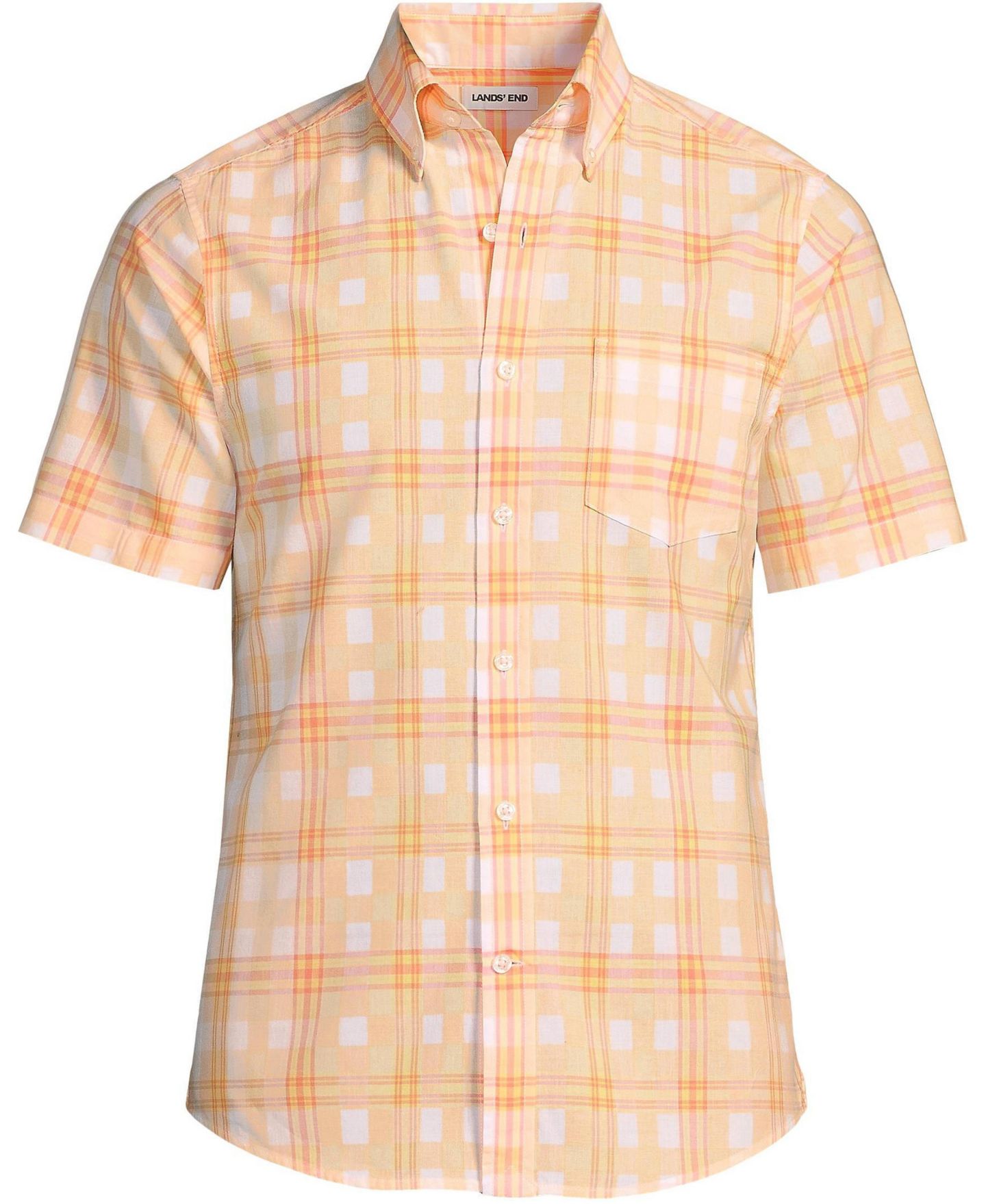 Мужская рубашка Lands' End Traditional Fit Short Sleeve Madras, цвет: Абрикосовый / Жёлтый клетчатый — фото 1