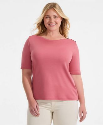 Plus Size Supima Cotton Elbow Sleeve Boatneck Button Shoulder Tee