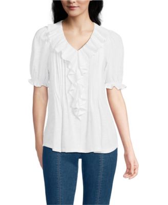 Women's Puff Sleeve Slub Ruffle Pintuck Top