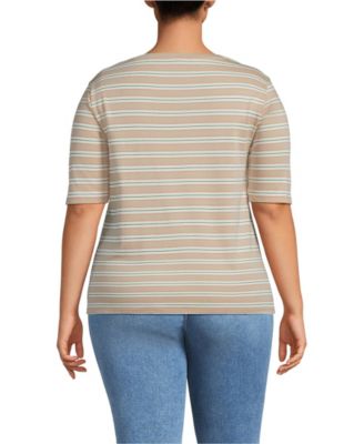 Plus Size Supima Cotton Elbow Sleeve Boatneck Button Shoulder Tee