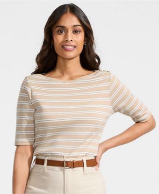 Women's Supima Cotton Elbow Sleeve Boatneck Button Shoulder Tee
