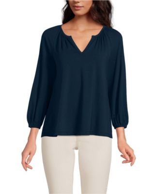 Women's Lightweight Jersey 3/4 Sleeve Notch Neck Gather Blouse