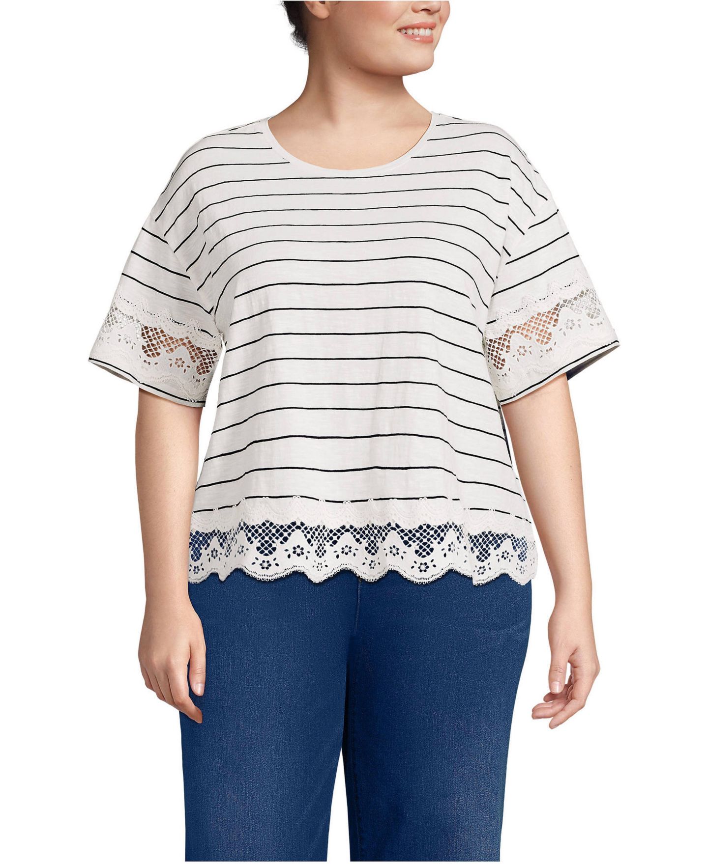 Женская футболка Lands' End Plus Size Short Sleeve Slub Jersey Cutwork, цвет: Слоновая кость / Чёрный полосатый — фото 1