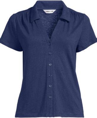 Women's Linen Blend Short Sleeve Button Front Polo Top