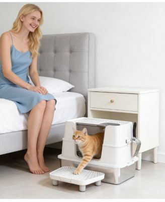 Zeus and Ruta XL Stainless Steel Litter Box 100D Flip Top Scoop Step TopSide Entry Enclosed Big Cat