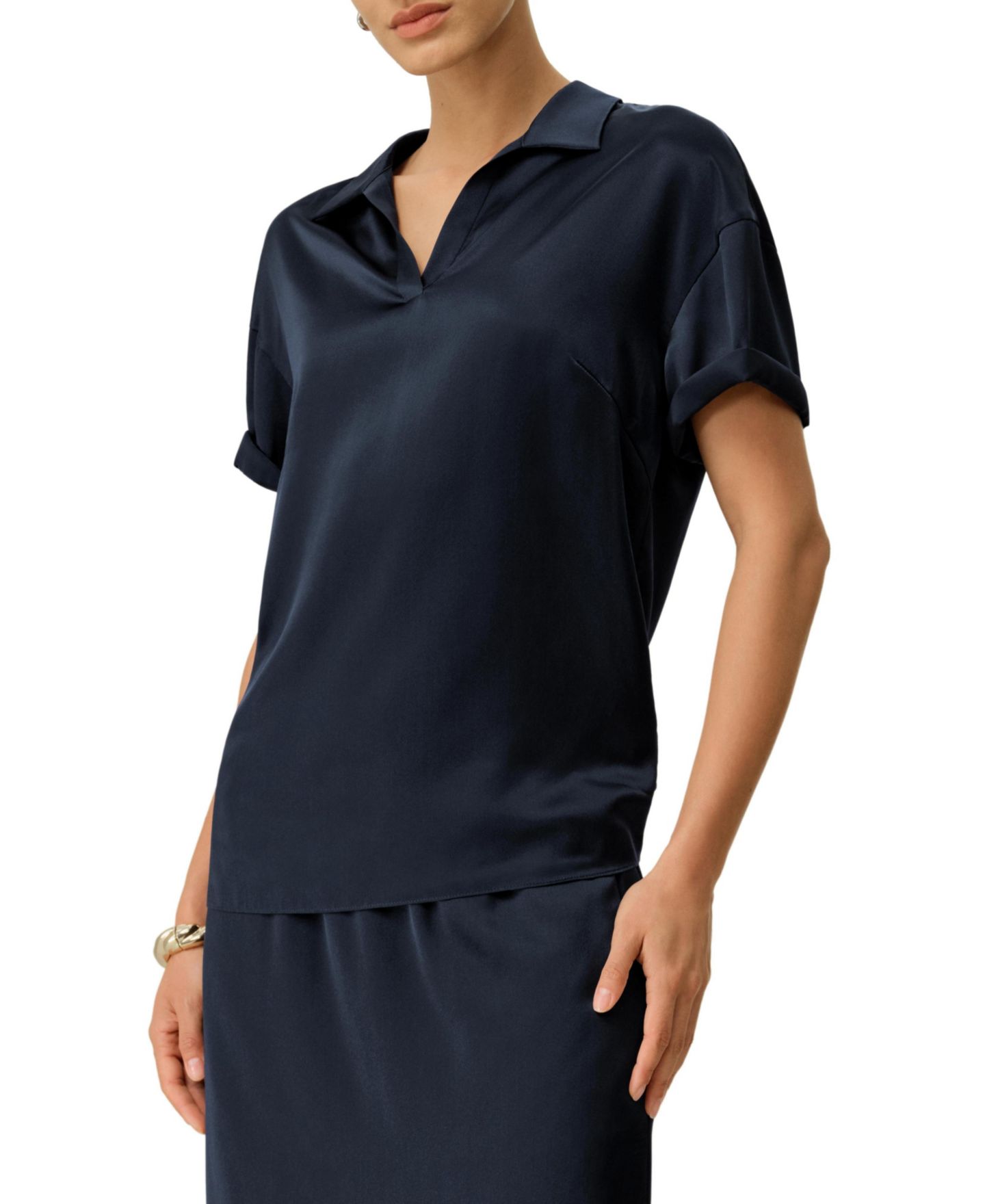 Женский топ LILYSILK Washable Silk Charmeuse Polo, цвет: Полуночный синий — фото 1