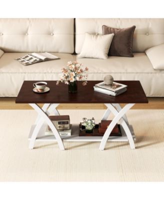 Walnut Farmhouse Coffee Table 2 Tier Storage Shelf