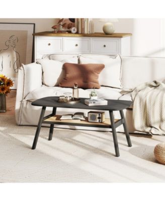 Rectangular Coffee Table 2 Tier Rattan Shelf Rubber Wood Legs