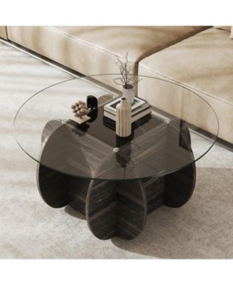 Round Coffee Table Tempered Glass Wood Base