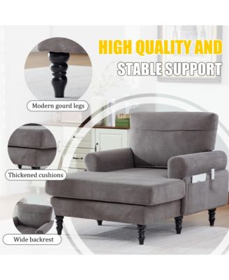 Oversized Chenille Chaise Lounge, Leisure Recliner Sofa with Wooden Legs and Side Pockets for Living Room, Bedroom