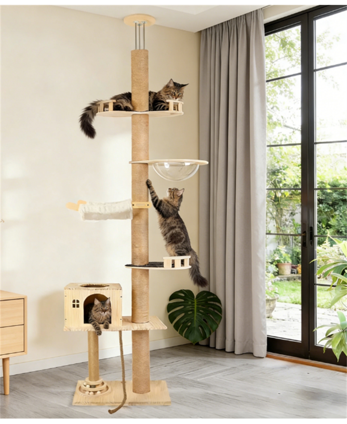 Zeus and Ruta Floor To Ceiling Cat Tree 6 Level Adjustable Height Climbing Tower Thickened Scratching Posts Transparent Capsule Cozy Hammock