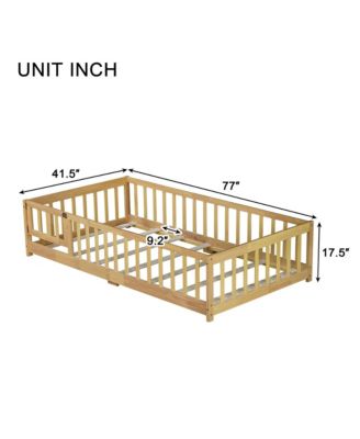 Twin Size Floor Bed with Fence and Door,Rubber Wood Floor Bed with Safety Guardrails