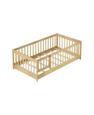 Twin Size Floor Bed with Fence and Door,Rubber Wood Floor Bed with Safety Guardrails