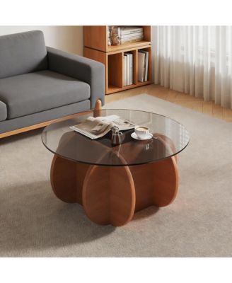 Modern Round Coffee Table - Tempered Glass Tabletop, Solid Wood Frame, Mid Century Center Table for Living Room