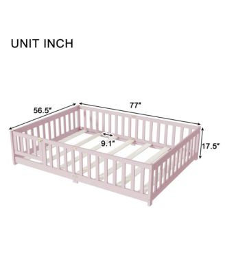 Full Size Floor Bed with Fence and Door,Rubber Wood Floor Bed with Safety Guardrails
