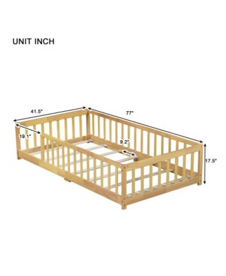 Twin Size Floor Bed with Fence without Door, Rubber Wood Floor Bed with Safety Guardrails