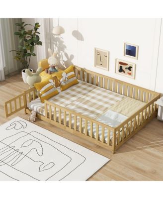 Full Size Floor Bed with Fence and Door,Rubber Wood Floor Bed with Safety Guardrails