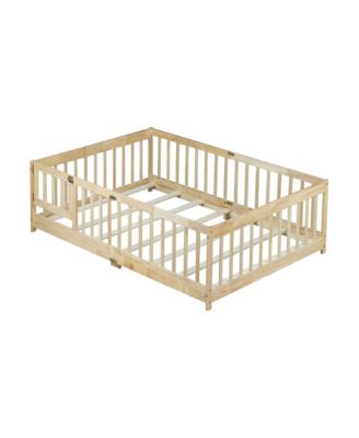 Full Size Floor Bed with Fence and Door,Rubber Wood Floor Bed with Safety Guardrails