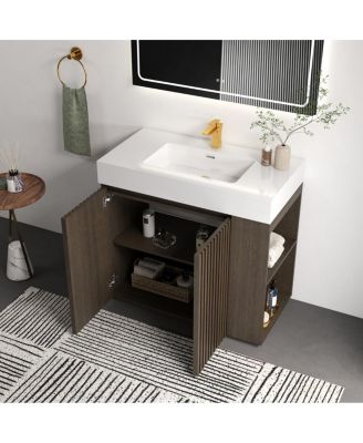 Modern Bathroom Vanity with Quartz Sink, Soft-Close Doors, Open Shelf Storage, Winston Walnut Mid-Century Fluted Cabinet