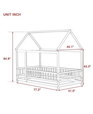 Twin Size House Floor Wooden Bed with Roof Frame,Safety Guardrails