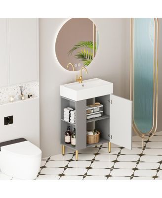Small Bathroom Vanity with Ceramic Sink, Modern Wood Base, Soft Close Door and Open Shelves for Compact Spaces