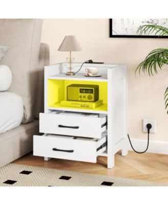 2PCS 23.5'' Nightstand w/LED Lights and Charging Station USB Port and Outlets