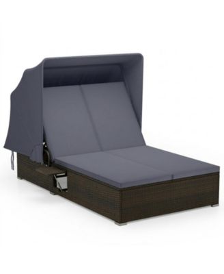 Double Patio Chaise Lounge with Retractable Canopy and Folding Trays