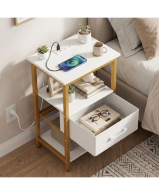 Nightstand w/Charging Station Set of 2 w/Fabric Drawer and Open Storage Shelves
