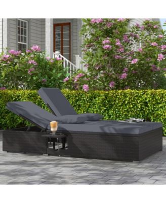 Double Patio Chaise Lounge with 6-Position Backrests and Folding Trays