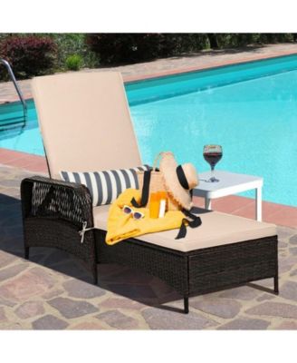 Patio Wicker Chaise Lounge with 6-Position Backrest and Lumbar Pillow