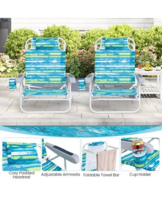 Folding Beach Chair Set of 2 with 5-Position Recline and Head Pillow