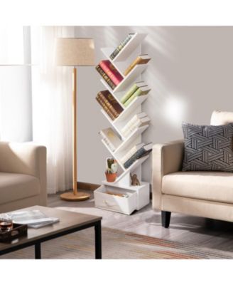 10-Tier Tree-Shaped Bookshelf with Fabric Drawer