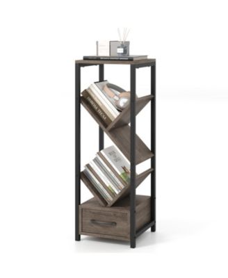 4-Tier Floor Tree Bookshelf with Drawer and Metal Frame