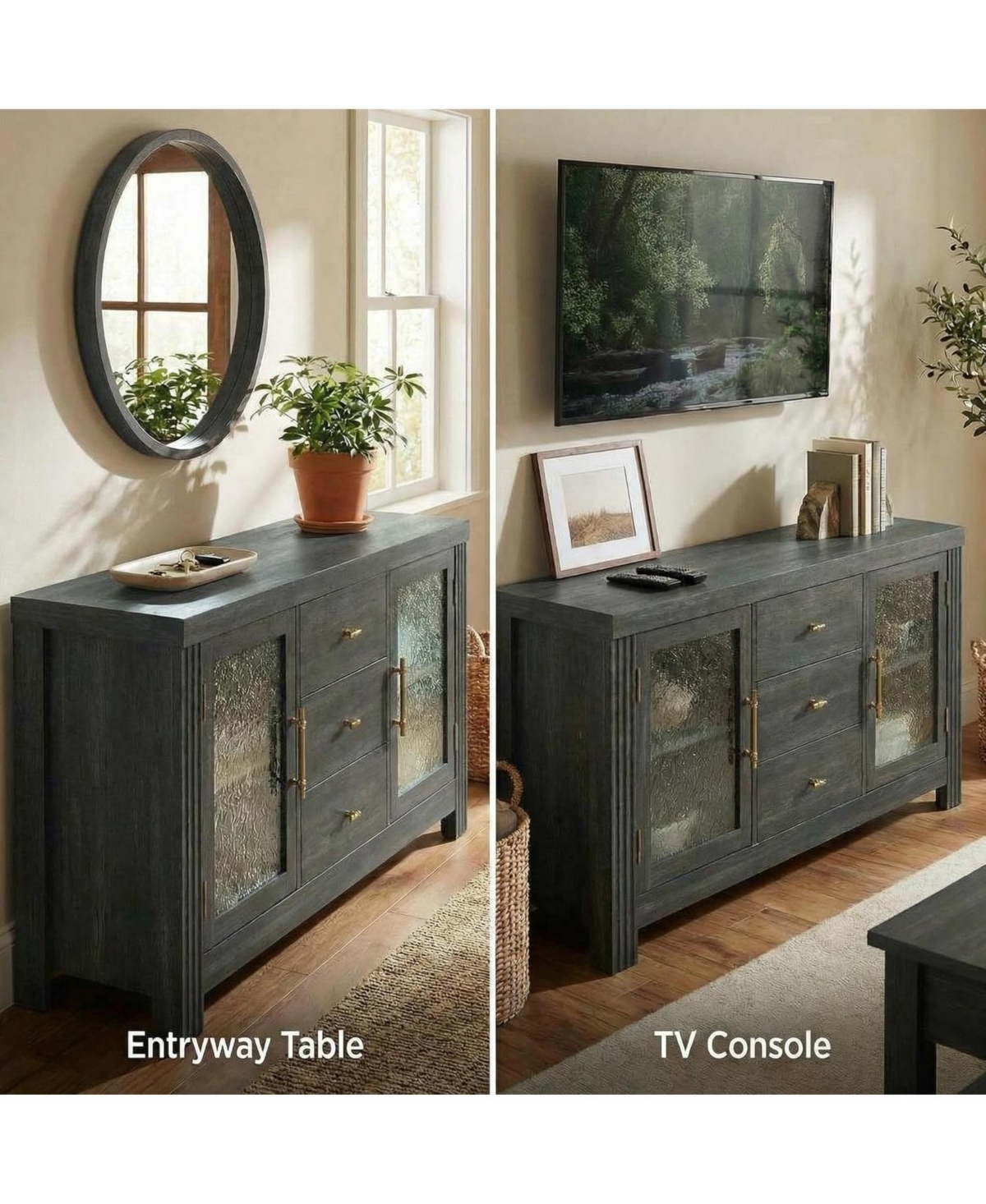 gaomon 54.4" Buffet Sideboard Cabinet, Wood Storage with 2 Glass Doors & 3 Drawers, Coffee Bar & Tv Stand for Living Room, Kitchen