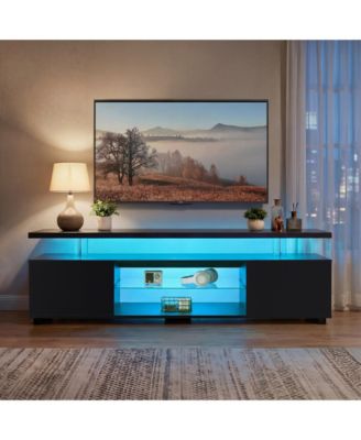 LED TV Stand with Ambient Lighting for 60" TVs, Modern Media Console with Large Side Storage Cabinet and Open Display Shelf for Living Room