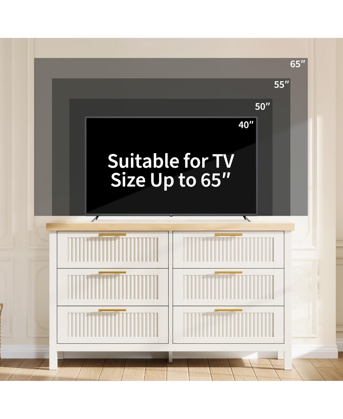 gaomon 6 Drawer Ribbed Wooden Dresser, 47.5 Inch Wide Bedroom Storage Dresser and Tv Stand