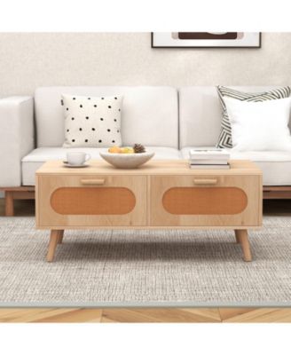 Rattan Coffee Table Mid Century Modern with Storage