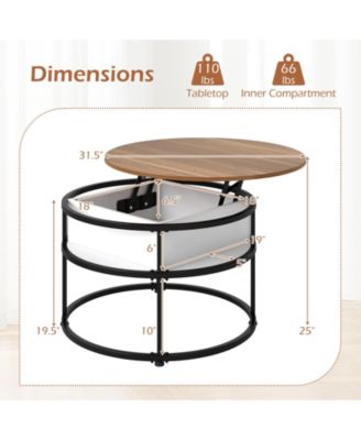 Coffee Table Round Lift Top with Hidden Storage and Side Shelves