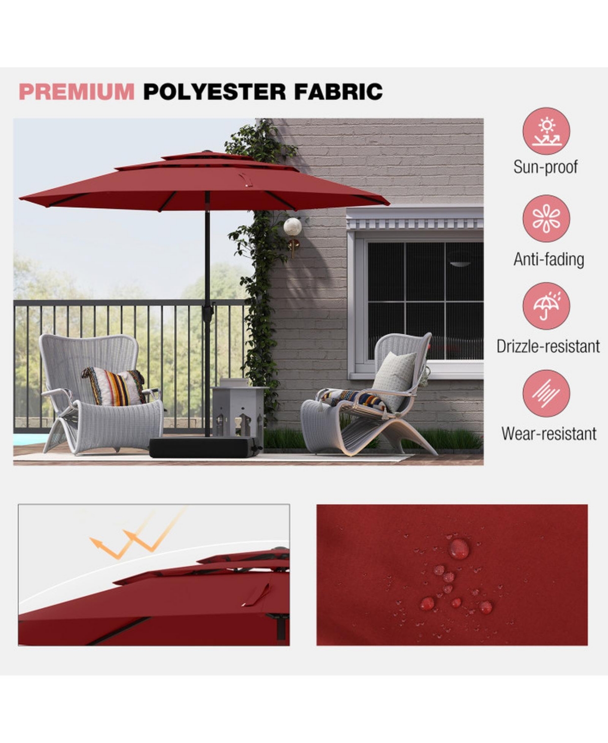 Gouun 10 ft Three-Tier Vented Patio Umbrella with Push-Button Tilt and Crank Handle