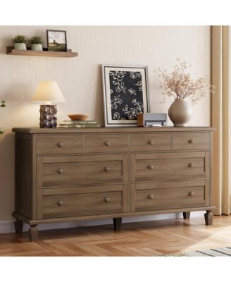 8 Drawer Dresser for Bedroom, Vintage 59" Long Dresser TV Stand with Carved Handles and Tapered Legs