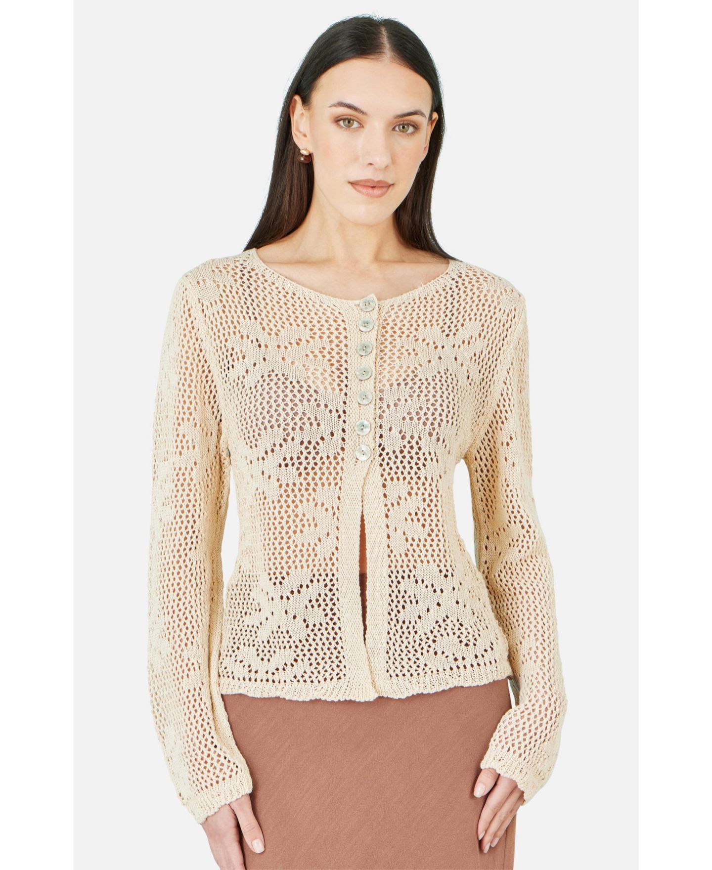 Женский кардиган Yumi Flower Crochet Button Up, цвет: Бежевый — фото 5