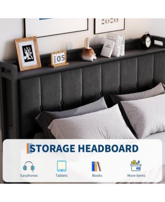 Lift Up Bed Frame, Upholstered Bed with Button Tufted Wingback Storage Headboard, Hydraulic Storage, No Box Spring Needed, Wood Slats Support