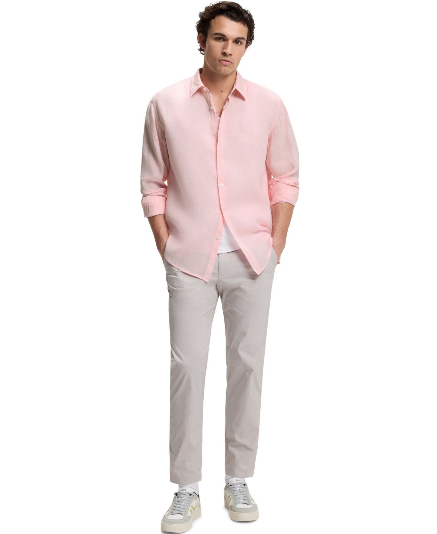 Мужская рубашка Hugo Boss Linen Regular-Fit Dress Shirt, цвет: Розовый — фото 3