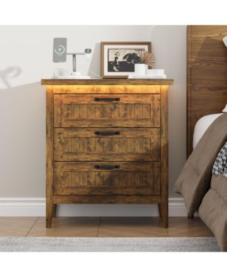 Farmhouse Drawer Dresser with Charging Station and LED Lights, Slim Wooden Bedroom Dresser