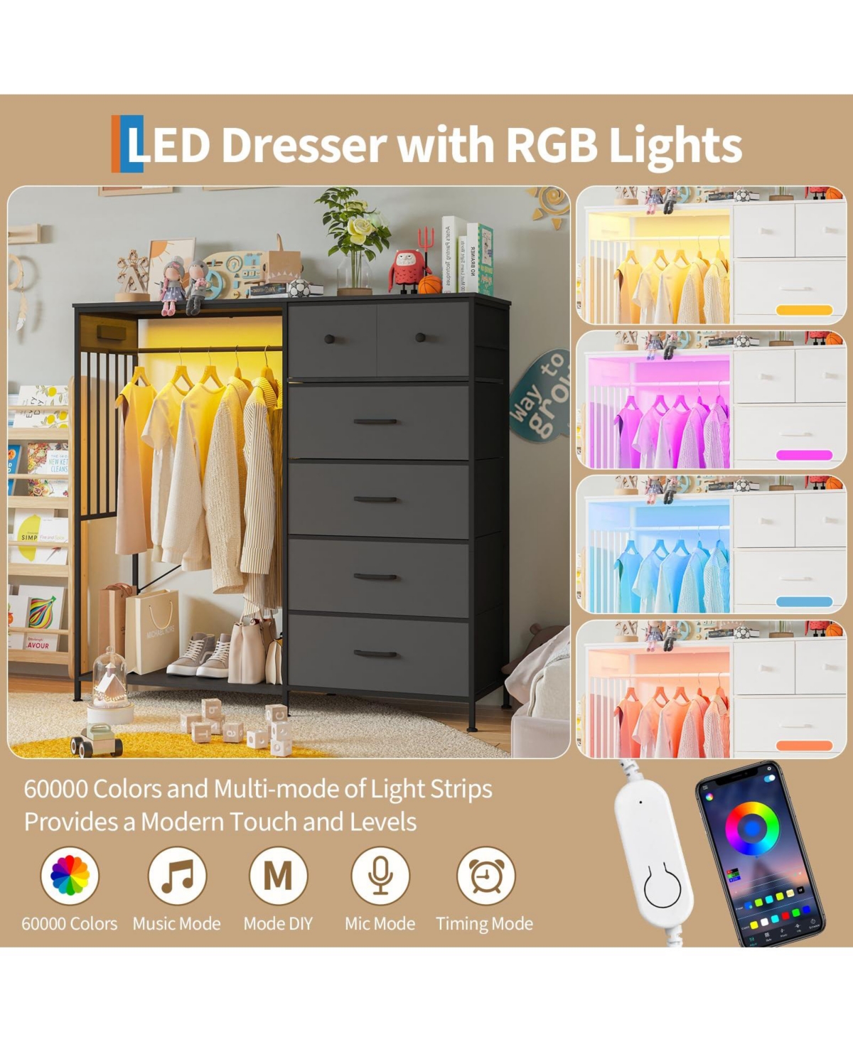 gaomon 49.2" Dresser with Hanging Rack and Led Lights, 6-Drawer Closet Organizer with Charging Station