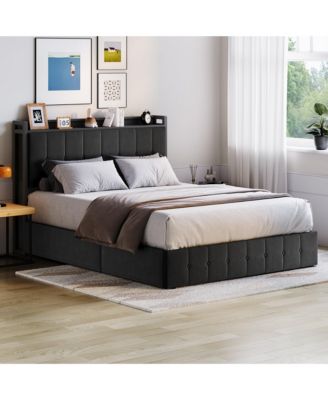 Lift Up Bed Frame, Upholstered Bed with Button Tufted Wingback Storage Headboard, Hydraulic Storage, No Box Spring Needed, Wood Slats Support