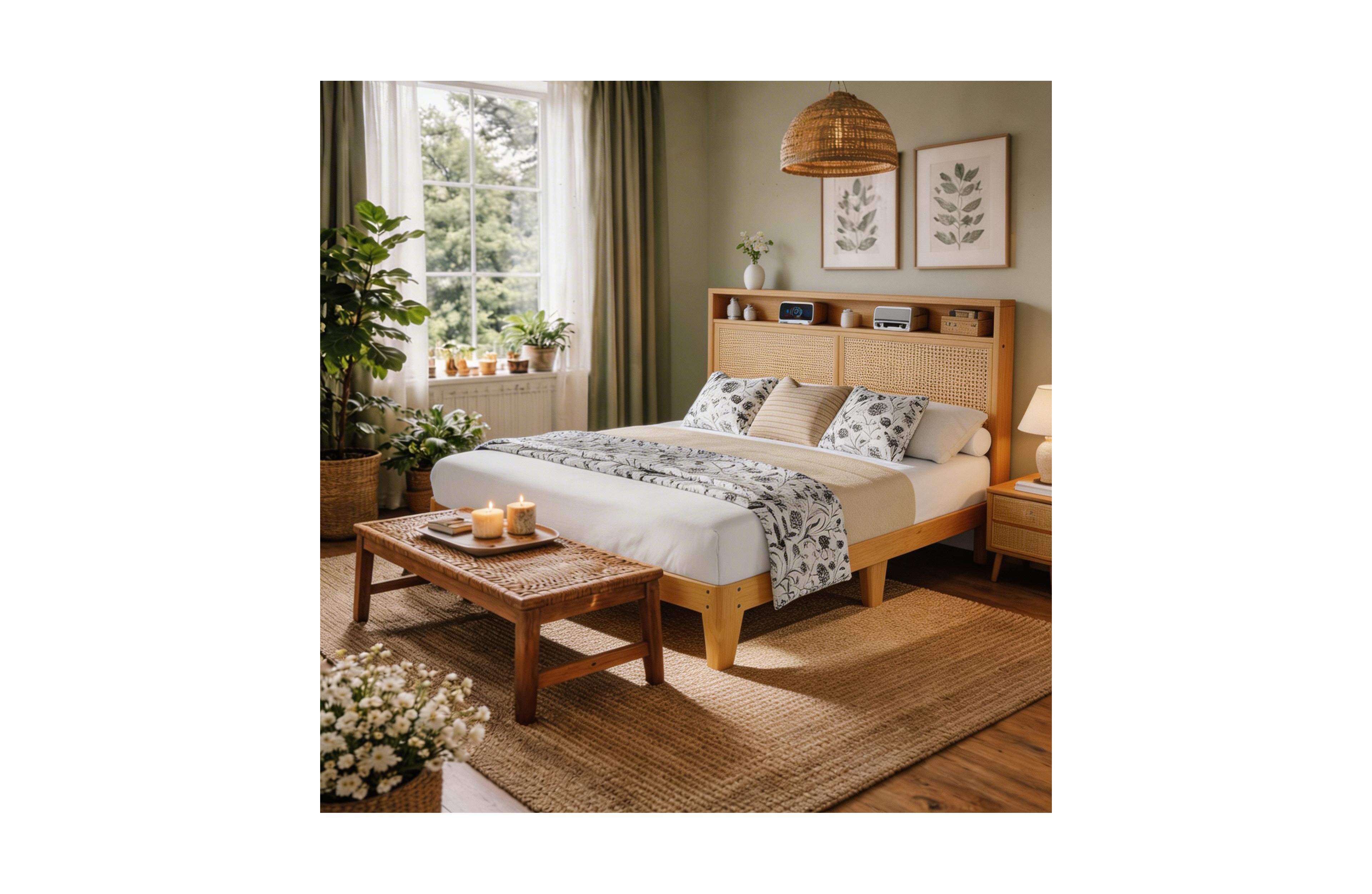 Homfan Bed Frame with Rattan Headboard ,Bohemian Bed Frame with Led Lights and Charging Station