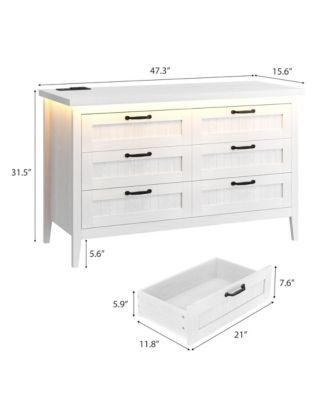Farmhouse Drawer Dresser with Charging Station and LED Lights, Slim Wooden Bedroom Dresser