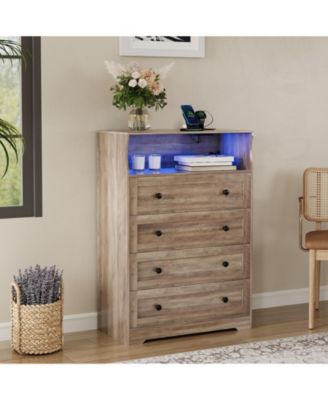 Tall Dresser for Bedroom with LED Lights and Charging Station, 4 Drawers Wood Chest of Drawers for Closet, Living Room, Hallway