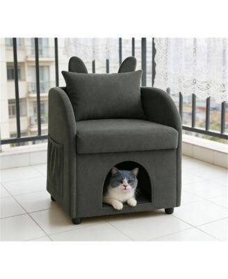 Dark Bunny-Ear Cat Armchair Scratch-Resistant Fabric Built-in Cat Hideaway Dual-Use Sofa with Side Pocket